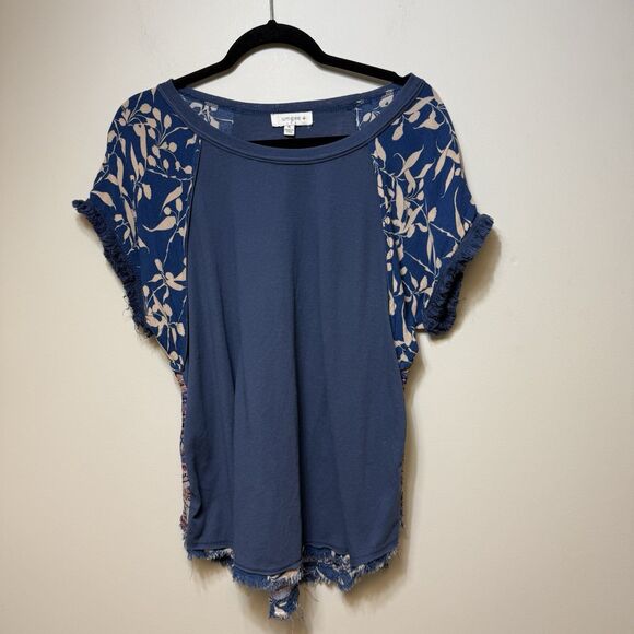 UMGEE Blue Cream Multi BOHO PRINTs Knit Fringe Lace Trim Top XL - Picture 2 of 5